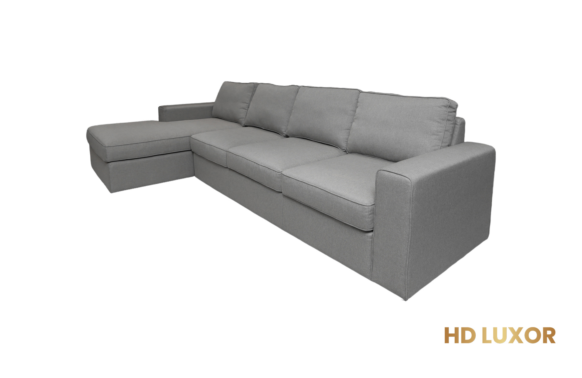 A spacious Maxine L-shaped sectional sofa in a neutral fabric, featuring deep, comfortable seating and a modern, low-profile design, perfect for large family rooms and entertaining guests.