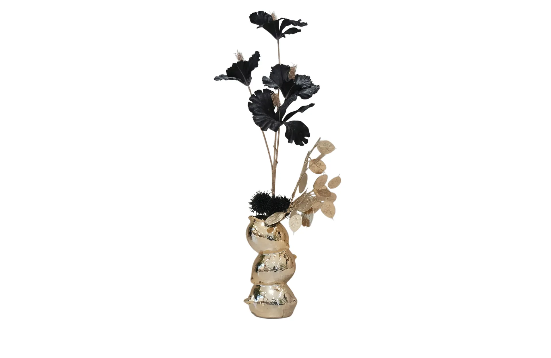 Home Decor Flower Arrangement Glossy Gold Lemon Vase / Hibiscus Black - Gold No.28-25 Front View
