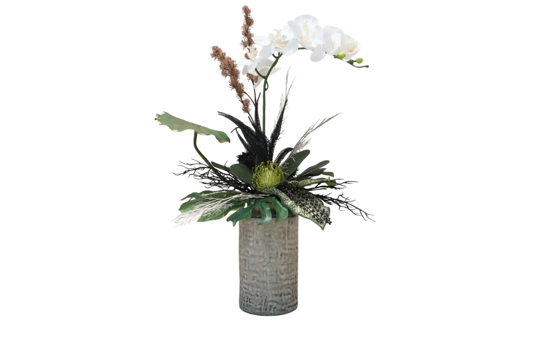 Home Decor Flower Arrangement Grey Green Vase Lotus, Angrek No.41A-25 Front View