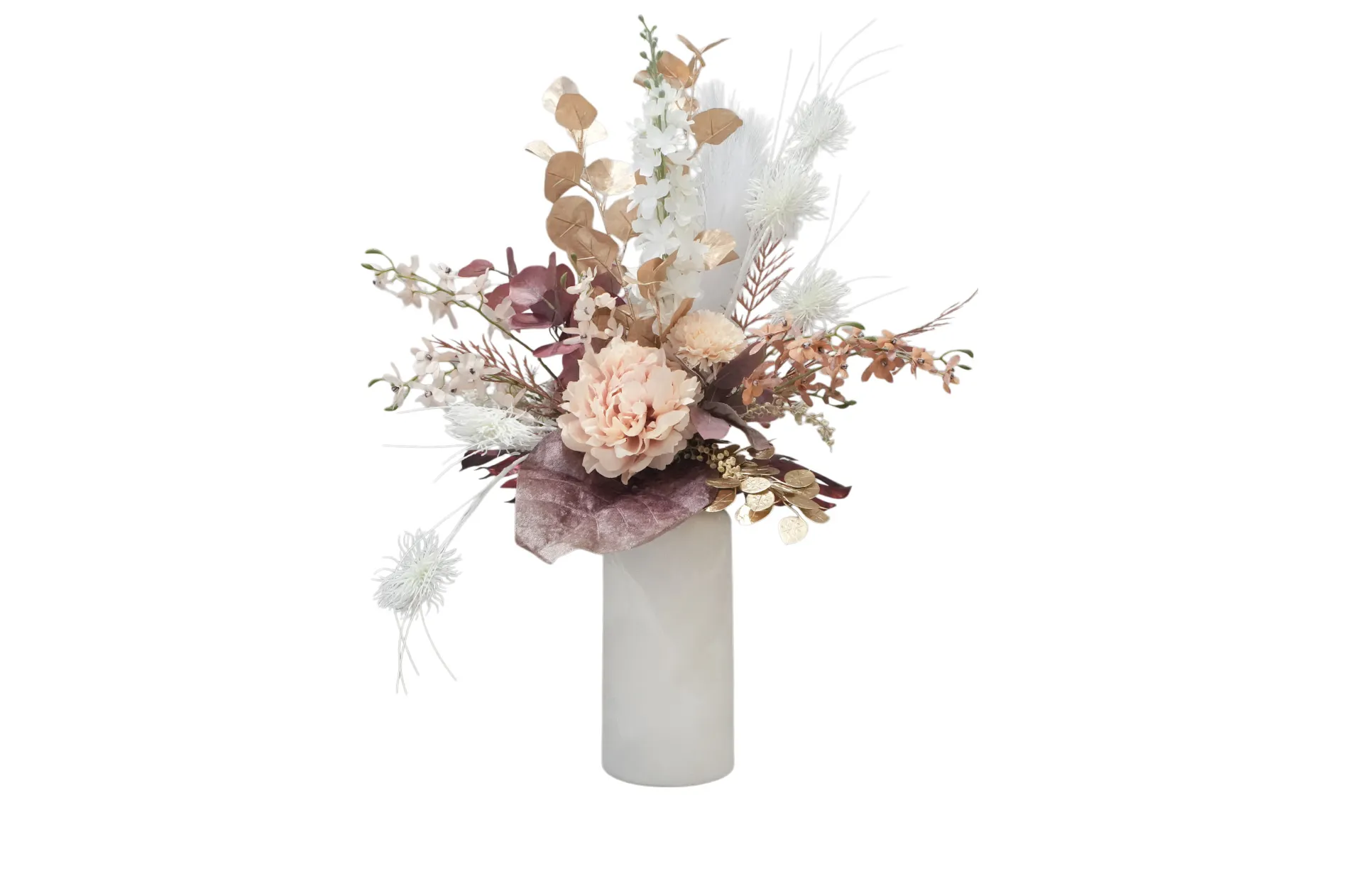 Home Decor Flower Arrangement White Modern Vase / Nude Colors, Modern Setting With Peony No.32-25 Front View
