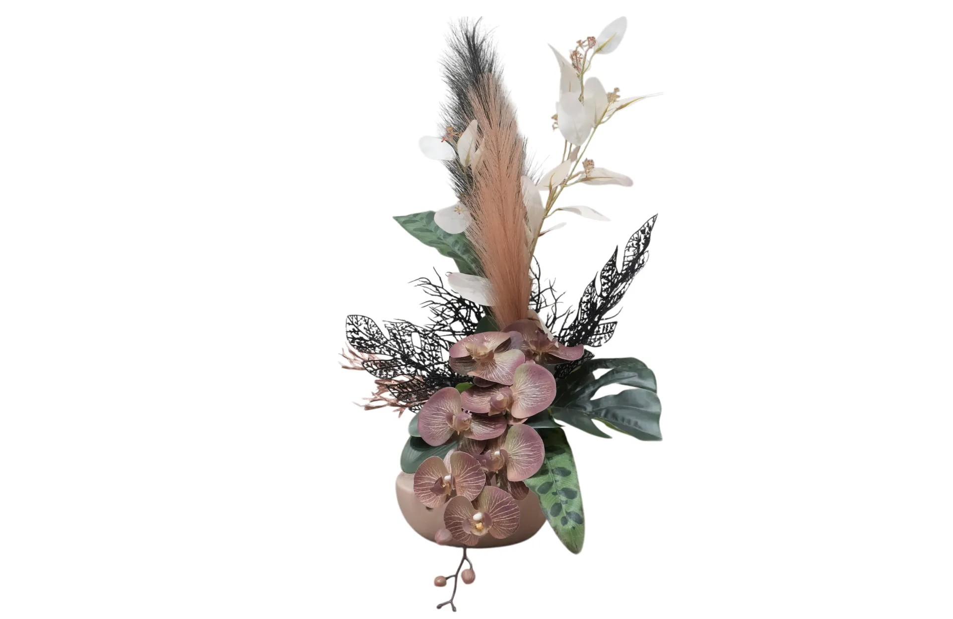 Home Decor Flower Arrangement Mauve Bowl / Mauve Color Angrek Black Gwitter Glamor No.7-25 Front View