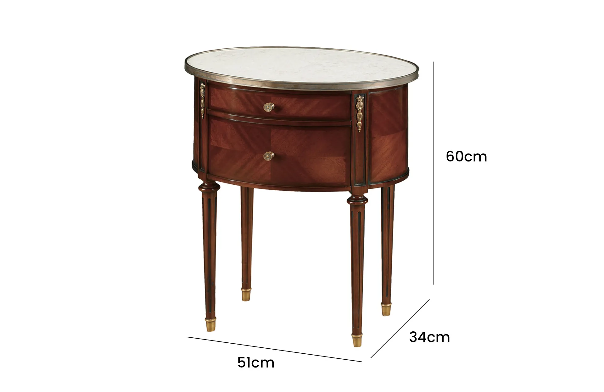 Home Decor Louis XVI Oval Stand, Cream Marble Top 33507 L Side View , Size
