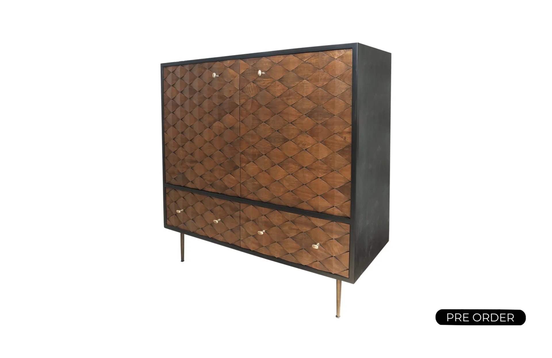 A modern wooden cabinet with a black frame and geometric diamond-patterned doors, standing on slender brass legs.