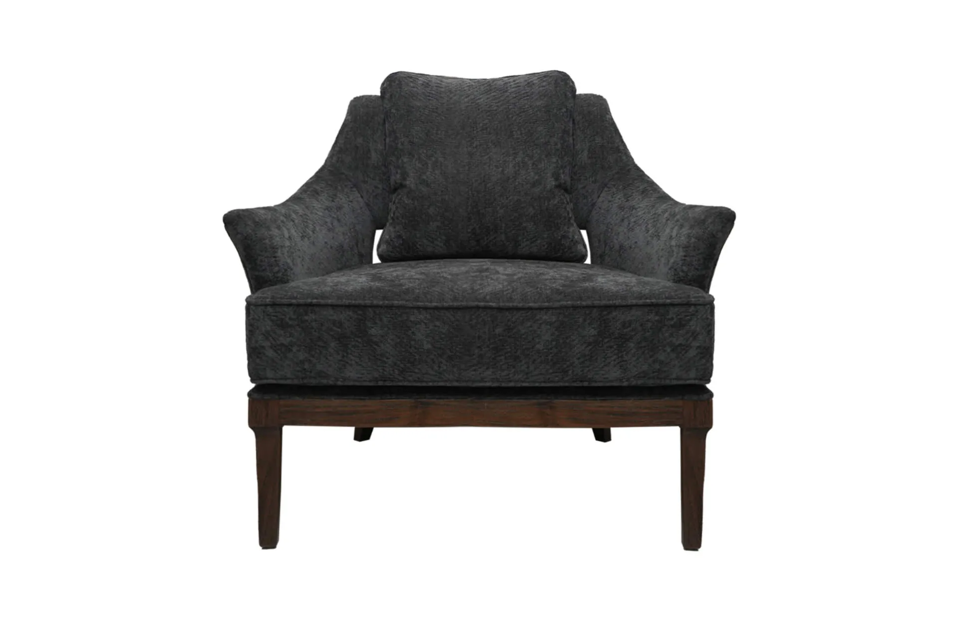 A rear angle view of the Livia Armchair, emphasizing its elegant, curved back and the fine texture of its upholstery, showcasing the chair's sophisticated craftsmanship and modern silhouette from a different perspective.