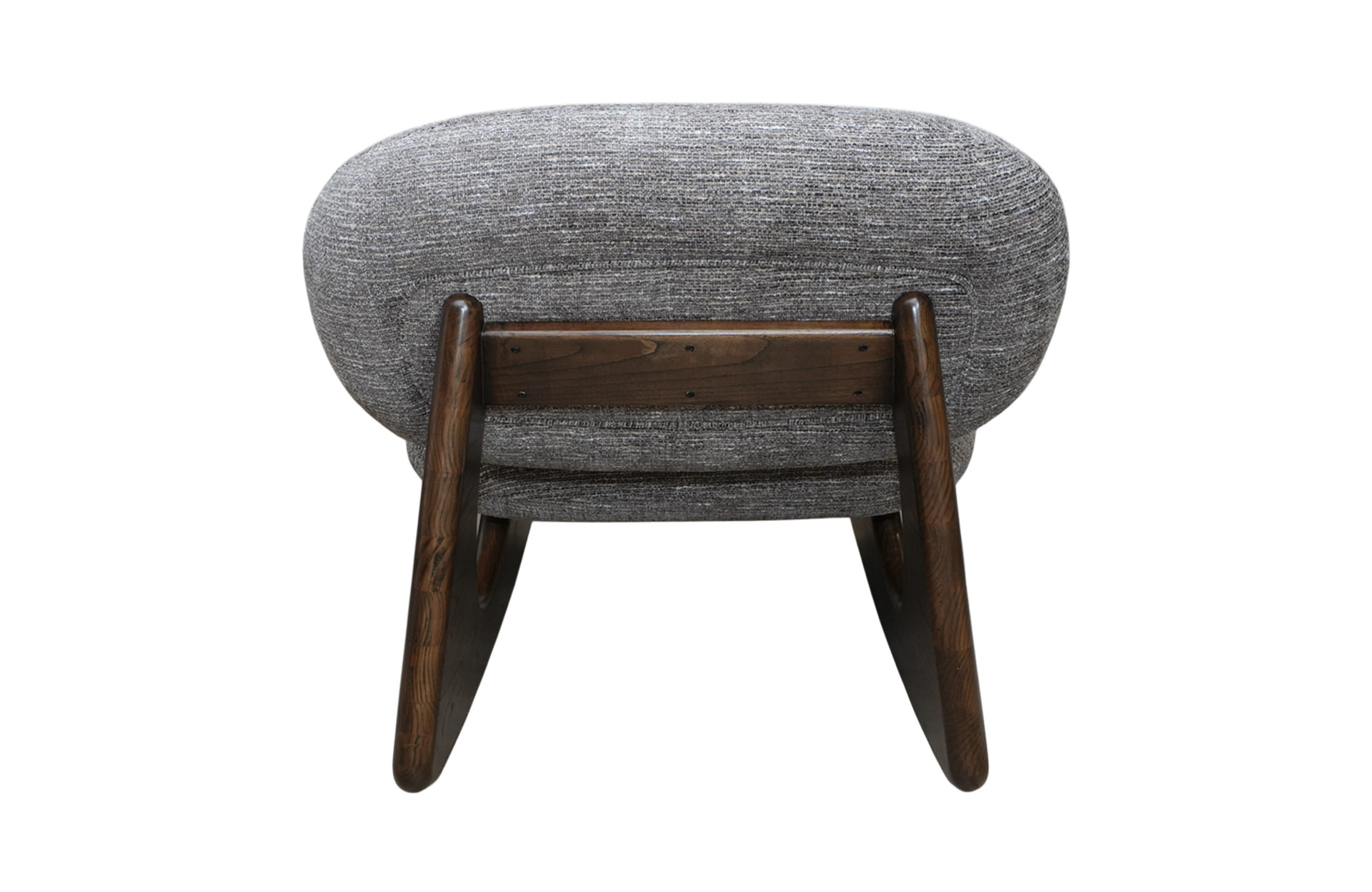 Back view of a gray upholstered pebble rocking lounge chair with a wooden frame, suitable for home decor.