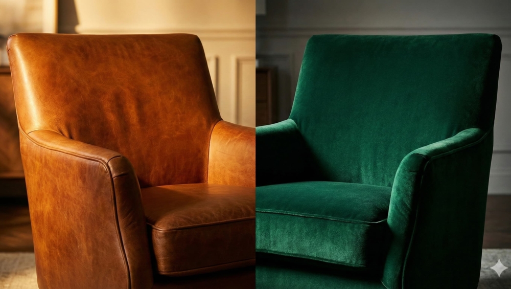 A split-screen composition. Left Side: A rich, cognac-colored leather armchair with visible natural grain. Right Side: A deep jewel-toned velvet armchair (navy or emerald).
