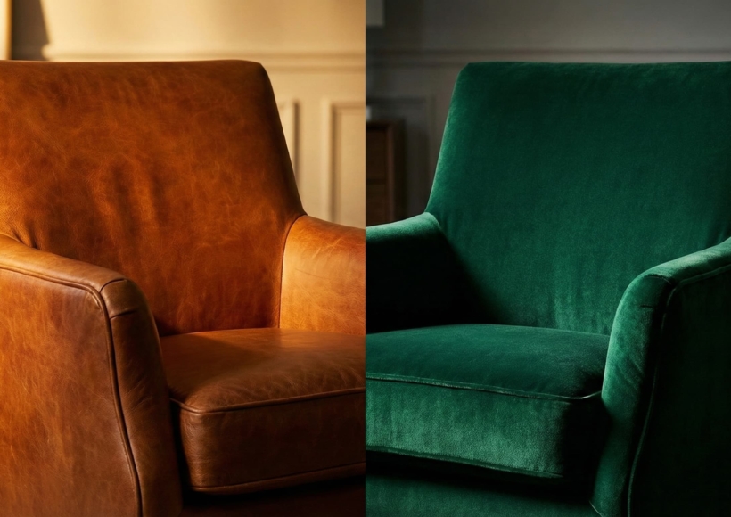 A split-screen composition. Left Side: A rich, cognac-colored leather armchair with visible natural grain. Right Side: A deep jewel-toned velvet armchair (navy or emerald).