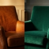 A split-screen composition. Left Side: A rich, cognac-colored leather armchair with visible natural grain. Right Side: A deep jewel-toned velvet armchair (navy or emerald).