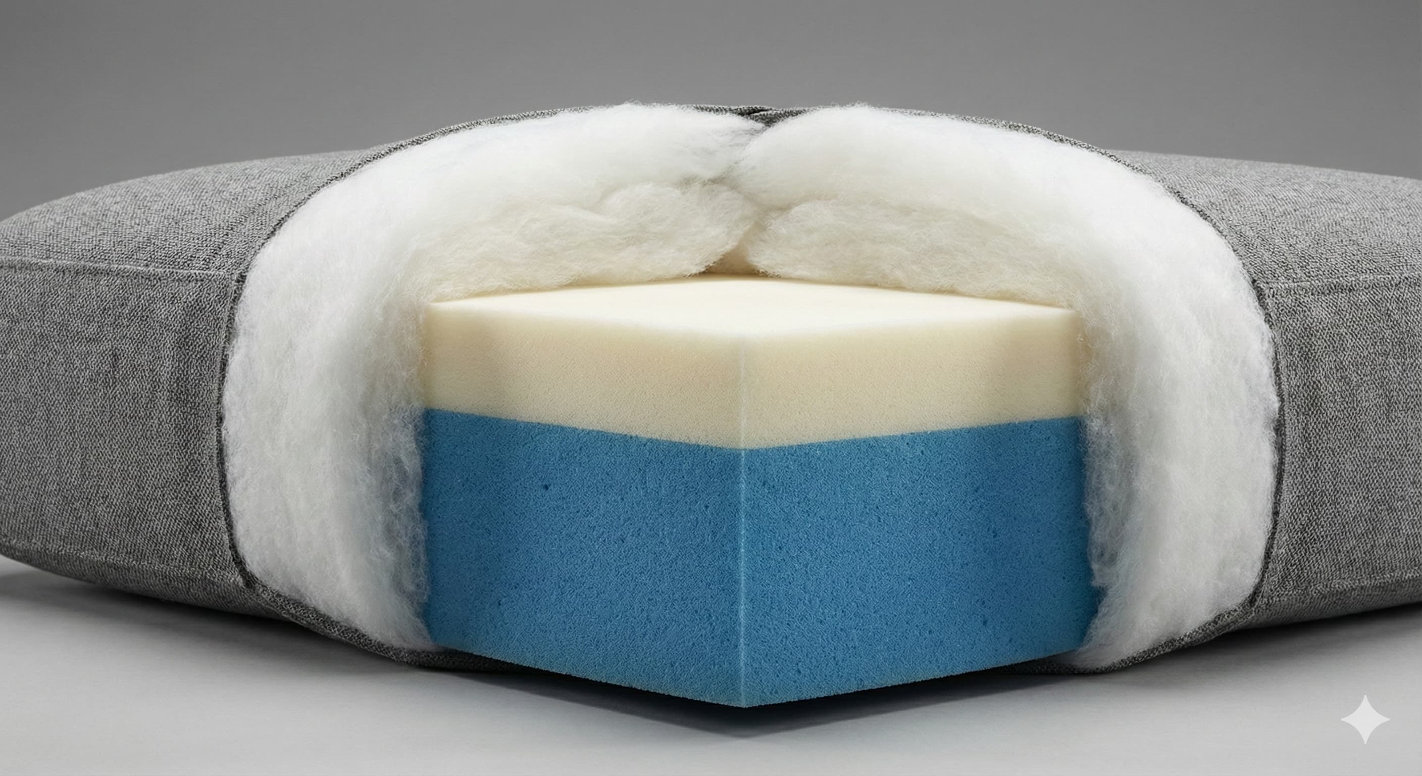 A high-quality "Cutaway" or cross-section shot of a luxury sofa cushion.