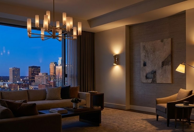 A perfectly lit, high-end living room during "blue hour" (dusk).