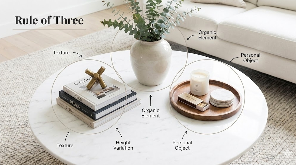 A top-down or birds-eye view of a perfectly styled modern coffee table.