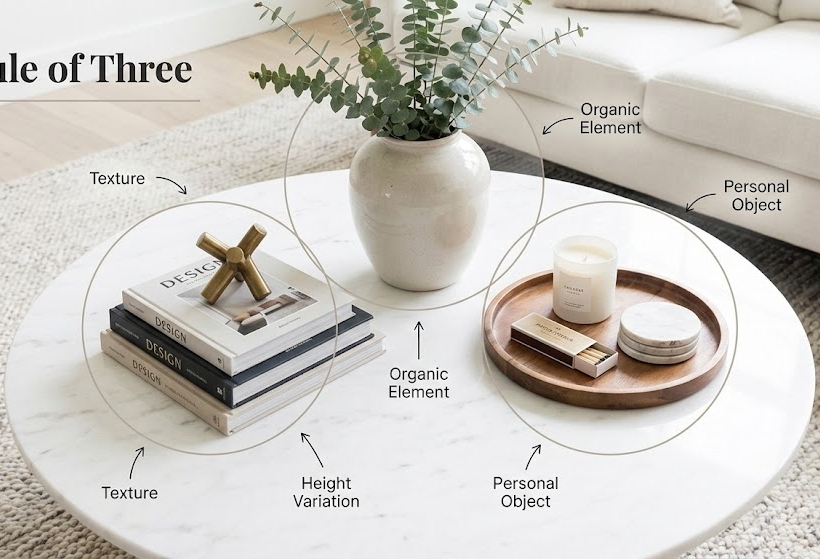 A top-down or birds-eye view of a perfectly styled modern coffee table.