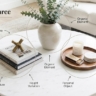 A top-down or birds-eye view of a perfectly styled modern coffee table.