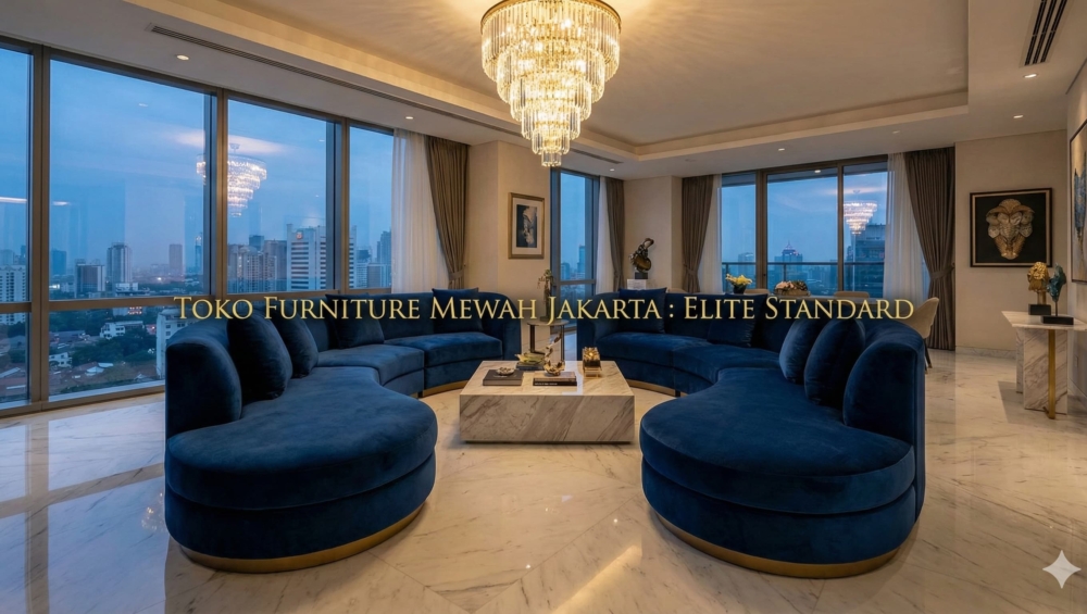 A wide-angle, cinematic shot of a luxury penthouse interior in Jakarta featuring a Home Decor Indonesia masterpiece