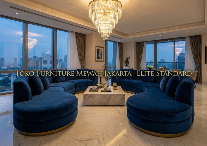 A wide-angle, cinematic shot of a luxury penthouse interior in Jakarta featuring a Home Decor Indonesia masterpiece