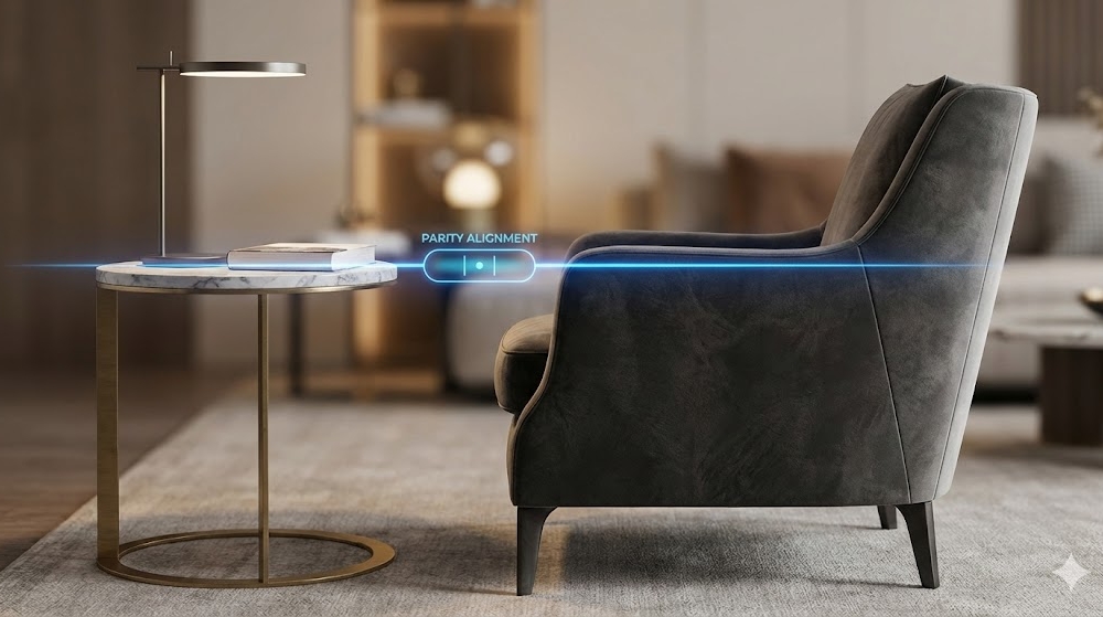 A side-profile shot of a luxury armchair next to a side table.