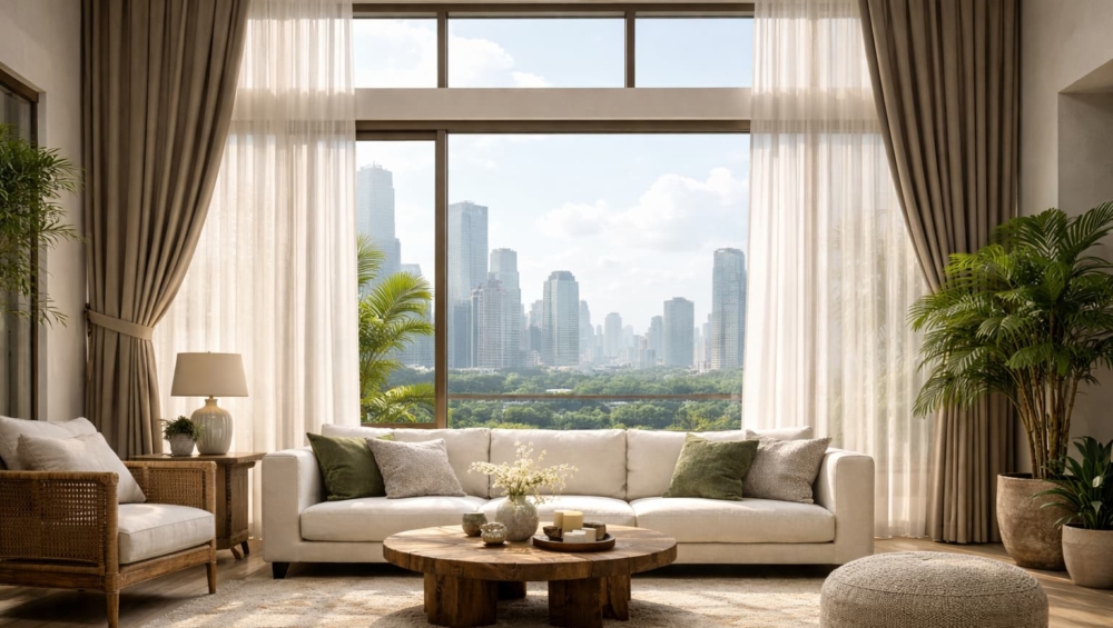 A breathtaking wide-shot of floor-to-ceiling drapes in a high-ceiling Jakarta penthouse.