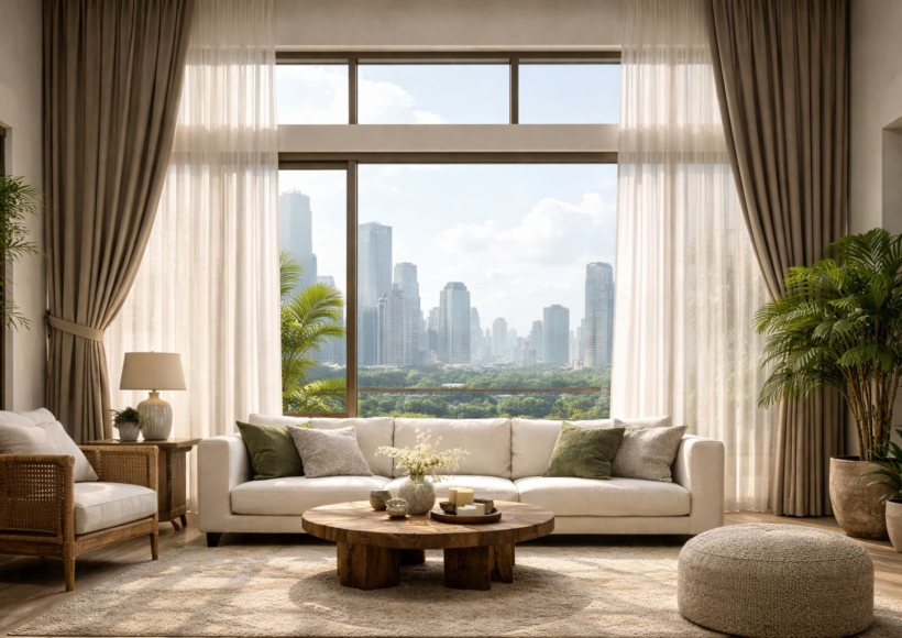 A breathtaking wide-shot of floor-to-ceiling drapes in a high-ceiling Jakarta penthouse.