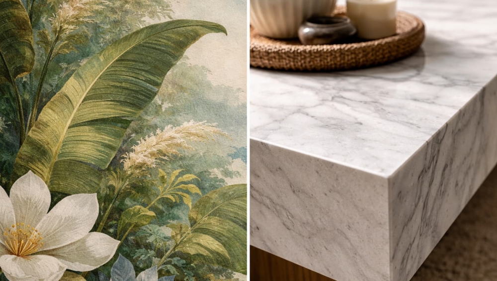 A close-up shot showing the curve of a botanical leaf pattern next to the sharp edge of a modern marble coffee table