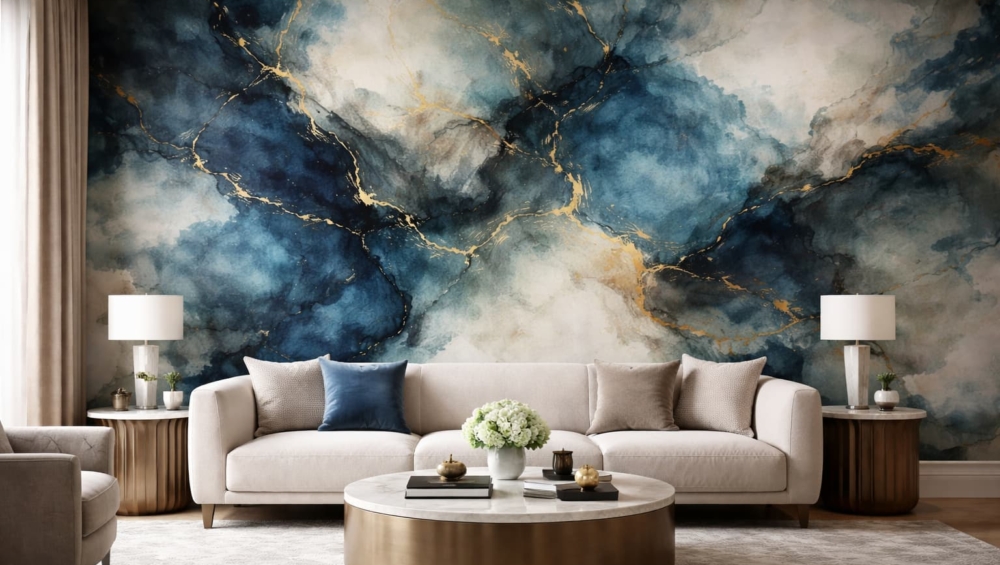 A high-end living room where one wall features a dramatic, watercolor-style abstract wallpaper in deep blues and golds.