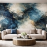 A high-end living room where one wall features a dramatic, watercolor-style abstract wallpaper in deep blues and golds.