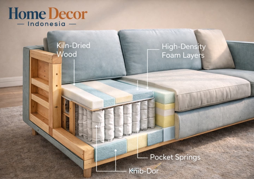 A high-resolution cutaway or exploded view of a Home Decor Indonesia sofa.