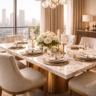 A wide-angle shot of a 6-seater marble or teak table fully set for a dinner party in a luxury Jakarta penthouse