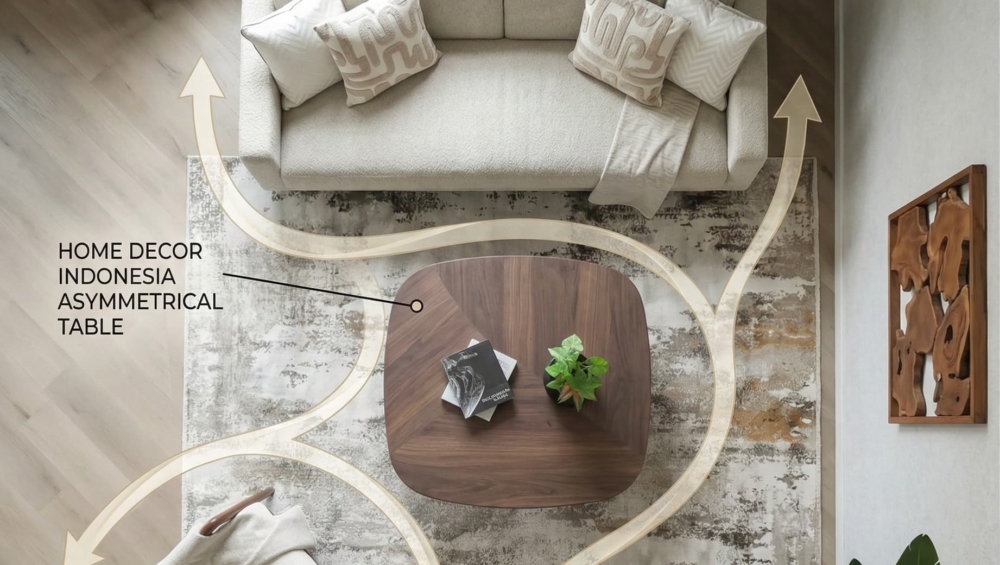 A bird's-eye view of an asymmetrical Home Decor Indonesia coffee table paired with a modern sofa.