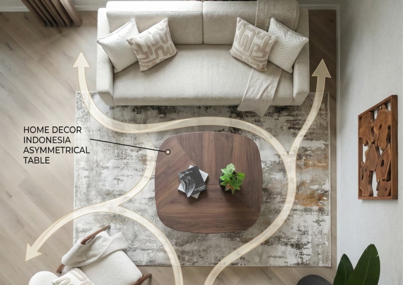 A bird's-eye view of an asymmetrical Home Decor Indonesia coffee table paired with a modern sofa.