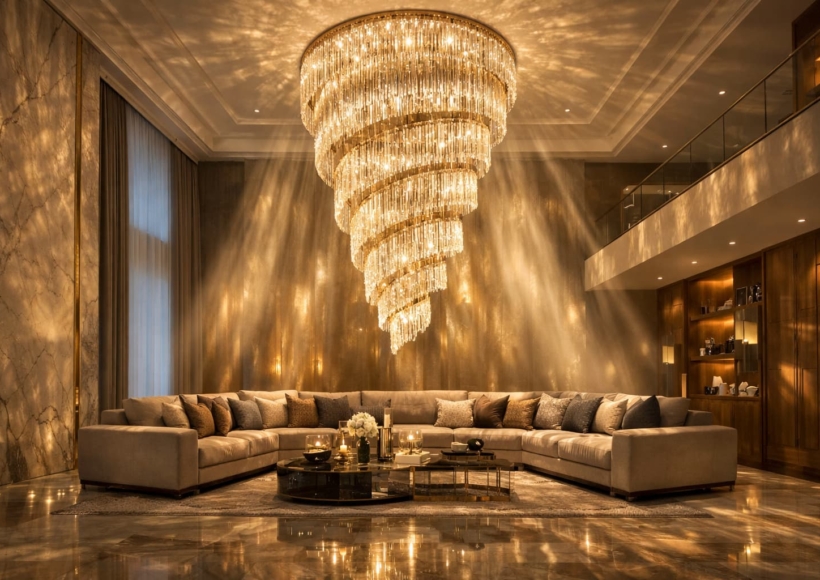 A wide-angle shot of a grand living room featuring a massive, modern chandelier suspended over a Home Decor Indonesia sofa.