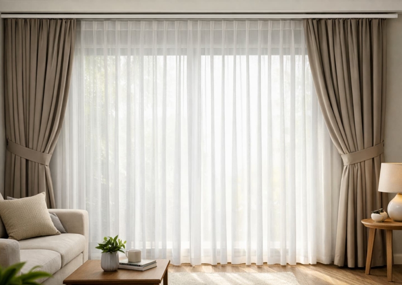 A wide-angle shot of a large living room window featuring a double-track system. Show a Gorden Sheer drawn closed (diffusing lig