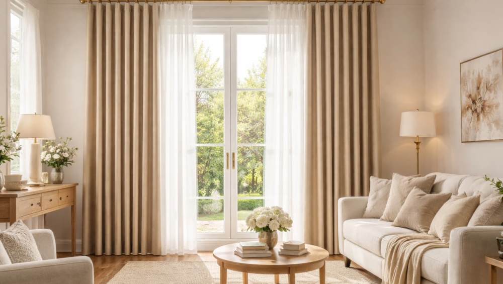 A bright, sunny living room featuring beautiful, heavy blackout curtains perfectly framing a large window.