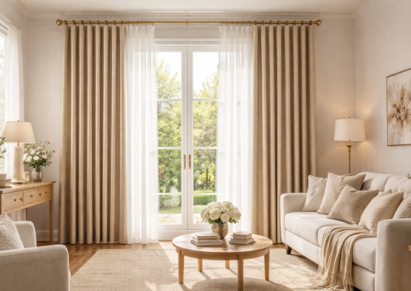 A bright, sunny living room featuring beautiful, heavy blackout curtains perfectly framing a large window.