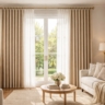 A bright, sunny living room featuring beautiful, heavy blackout curtains perfectly framing a large window.