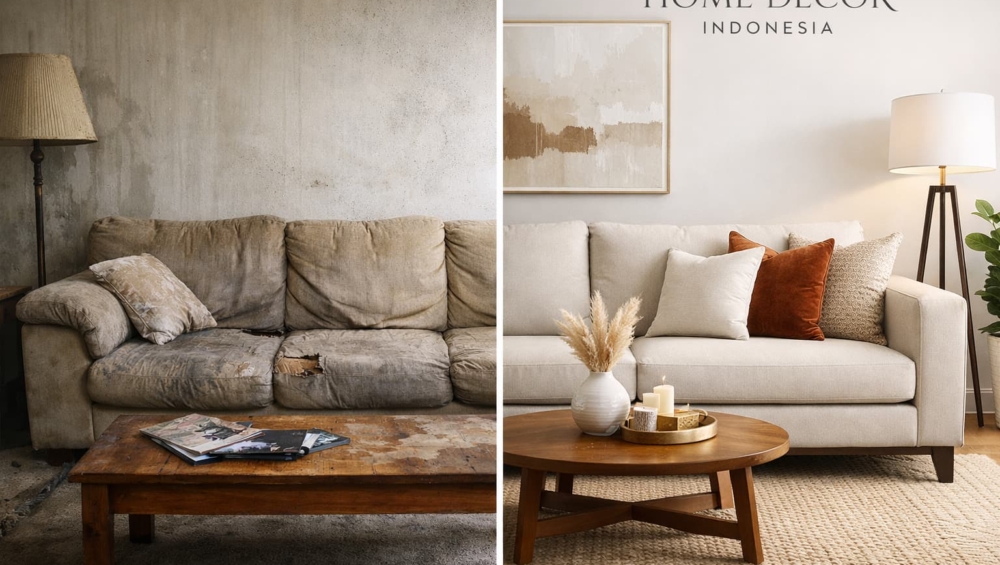 A split-screen photo showing an old, worn-out sofa on the left and a beautiful, fresh Home Decor Indonesia sofa on the right.