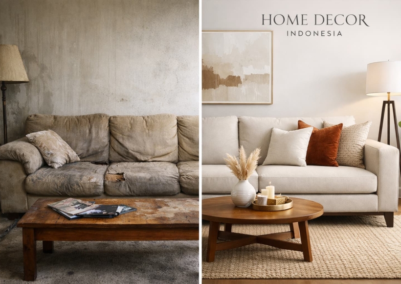 A split-screen photo showing an old, worn-out sofa on the left and a beautiful, fresh Home Decor Indonesia sofa on the right.