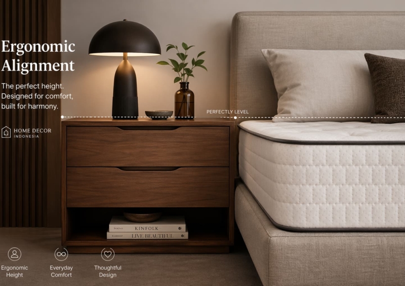 A beautiful, modern bedroom featuring a Home Decor Indonesia bedside table placed next to a thick mattress.