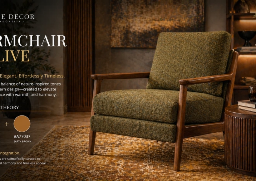 A beautiful, textured armchair olive sitting on a warm, earthy rug (featuring subtle hints of gold #E9CE86 and brown #A77037).