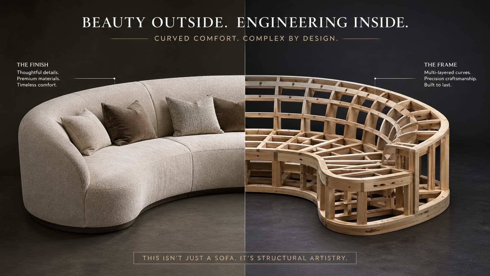 A split-image graphic. The left side shows a beautiful, finished curved sofa. The right side shows a 3D wireframe or raw wooden skeleton revealing the complex curved framin