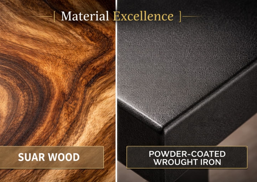 A split-screen extreme close-up. The left side shows the swirling, contrasting grain pattern of Suar wood. The right side shows