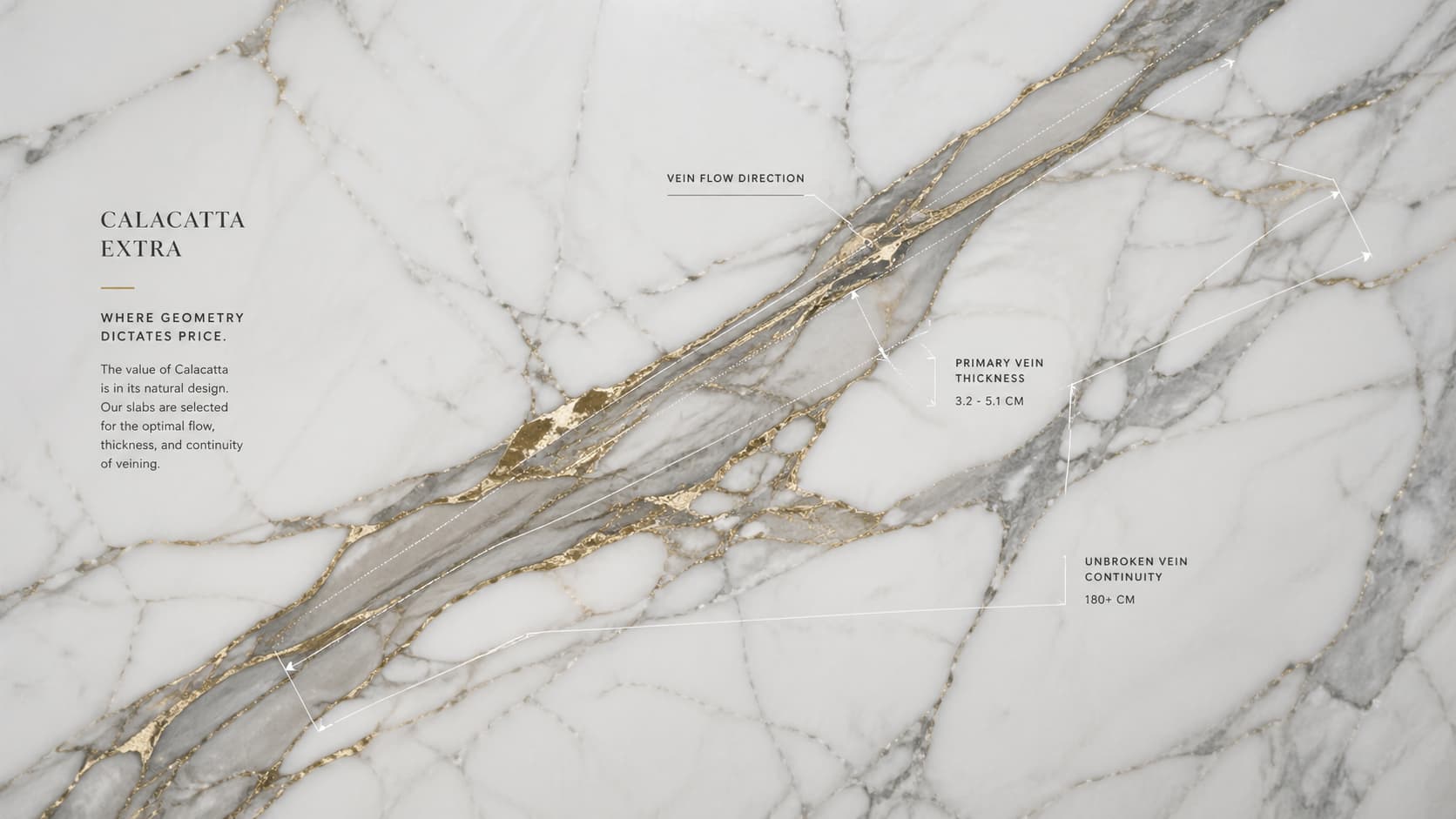 Overlay subtle, thin architectural lines or measuring brackets highlighting the specific flow and thickness of a goldgrey vein to show how geometry dictates pri
