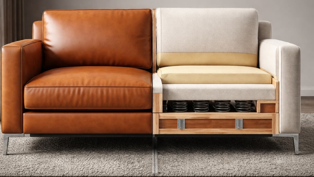 A high-quality graphic showing a split view of a sofa—one half shows a pristine leather exterior, and the other half shows the sturdy internal wood frame and thick foam.