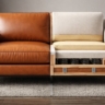 A high-quality graphic showing a split view of a sofa—one half shows a pristine leather exterior, and the other half shows the sturdy internal wood frame and thick foam.