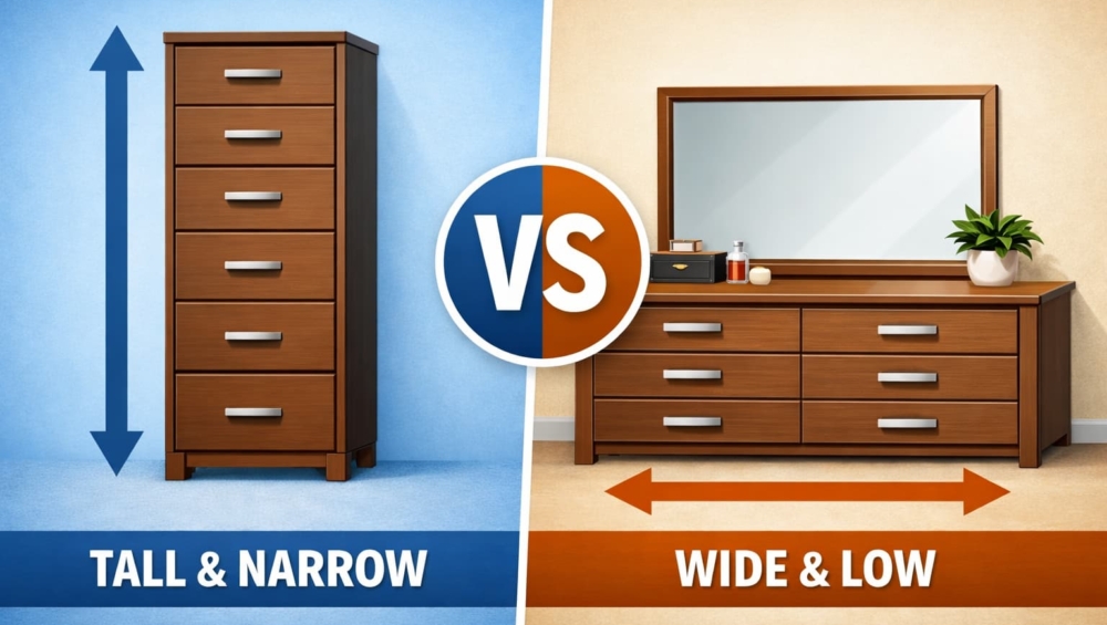 A simple top-down 3D render showing a tight bedroom using a chest of drawers to keep the walking path clear, versus a large master bedroom utilizing a wide dresser.