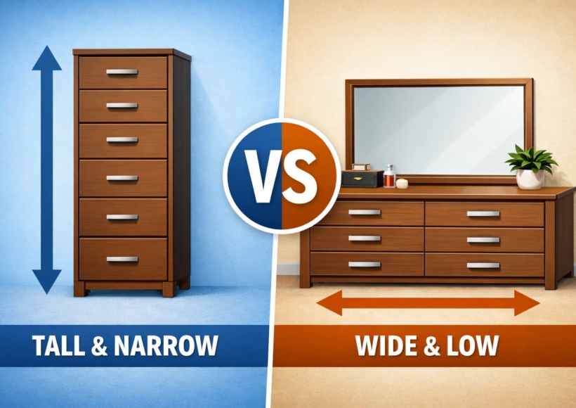 A simple top-down 3D render showing a tight bedroom using a chest of drawers to keep the walking path clear, versus a large master bedroom utilizing a wide dresser.