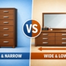 A simple top-down 3D render showing a tight bedroom using a chest of drawers to keep the walking path clear, versus a large master bedroom utilizing a wide dresser.