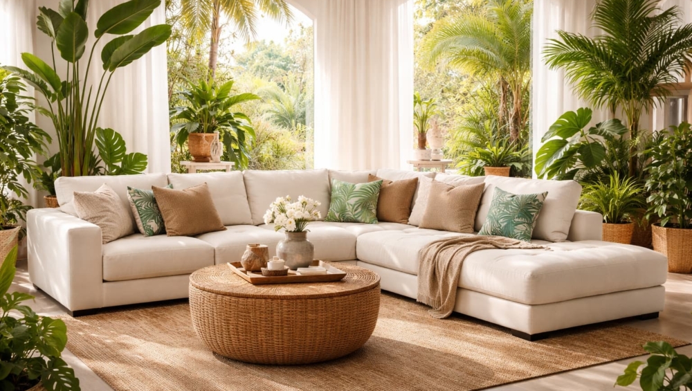 A bright, airy living room featuring a Home Decor Indonesia modular sofa, surrounded by large indoor plants and natural sunlight.
