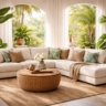 A bright, airy living room featuring a Home Decor Indonesia modular sofa, surrounded by large indoor plants and natural sunlight.