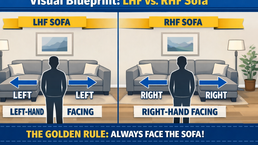A split-screen graphic showing two identical rooms. One shows an LHF sofa, and the other shows an RHF sofa.