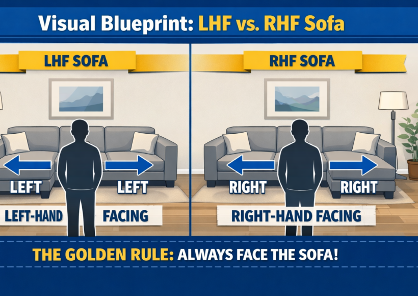 A split-screen graphic showing two identical rooms. One shows an LHF sofa, and the other shows an RHF sofa.